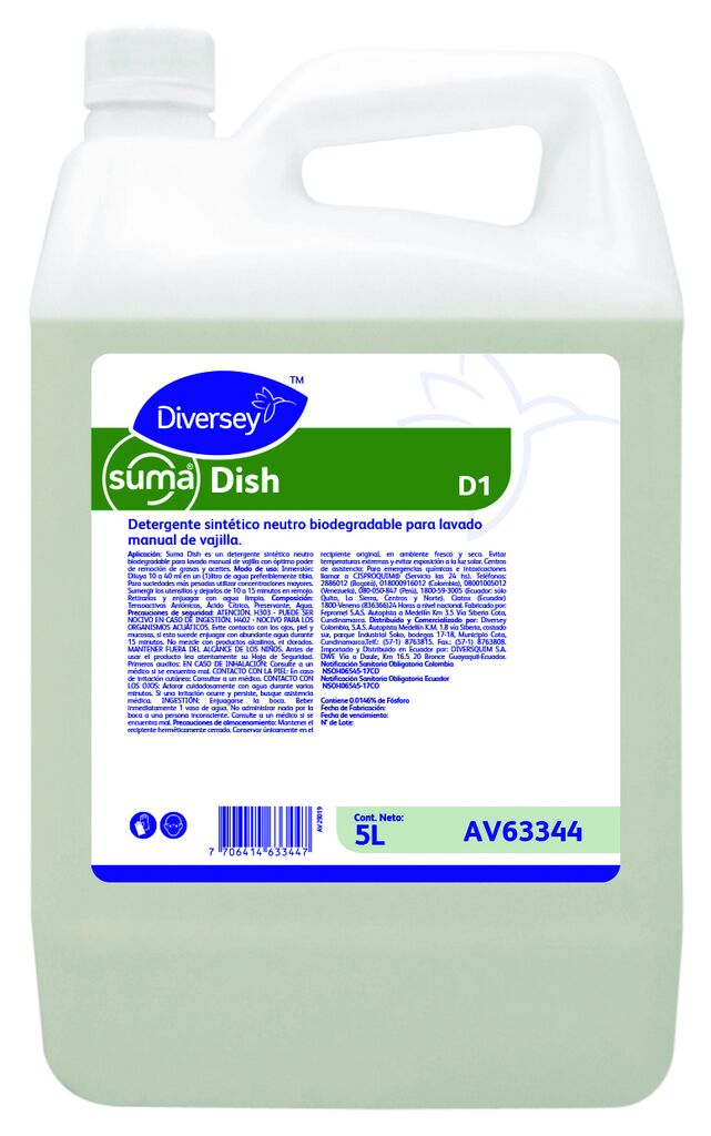 SUMA DISH D1 2x5L - Detergente sintético neutro biodegradable para lavado manual de vajilla
